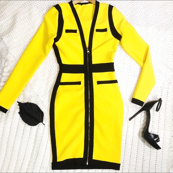Yellow black bandage dress women’s XS long sleeve - Picture 8 of 8